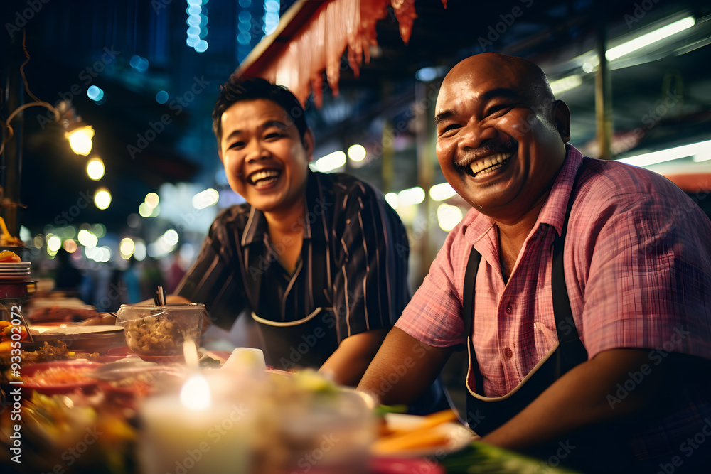 Two smiling mans stands behind his street food stall and smiles. Male street vendor of Thai food at the market Two smiling mans stands behind his street food stall and smiles. Male street vendor of Thai food at the market