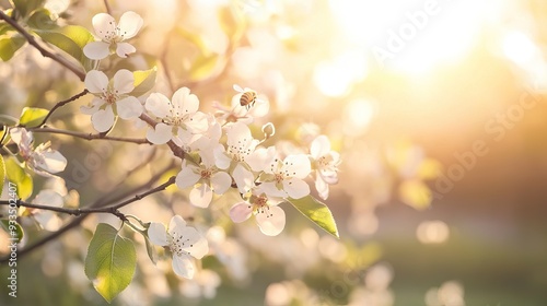 Peaceful Spring Orchard with Fruit Trees in Blossom, Soft Sunlight Filtering Through Branches, and Bees Buzzing Among the Flowers. AI generated illustration