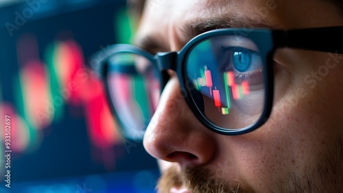 investment looking at stock market data reflected in his glasses analyzing financial trades with green and red candlestick charts
