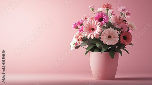 Floral bouquet in a pot, isolated on a plain background, with ample space for copy, creating a modern and fresh look.