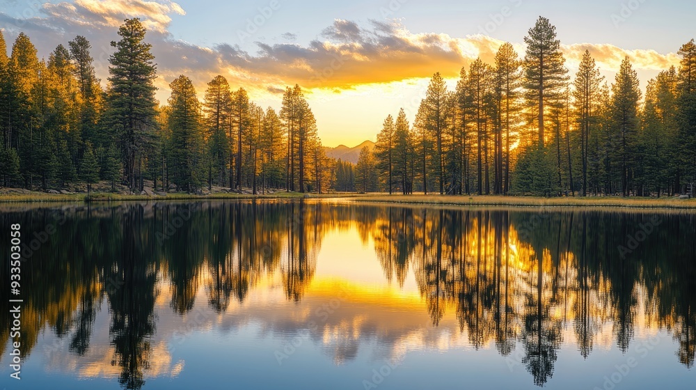 Fototapeta premium Golden hour illuminates a peaceful lake, with tall trees mirrored perfectly on the water, emphasizing nature symmetry and tranquility.