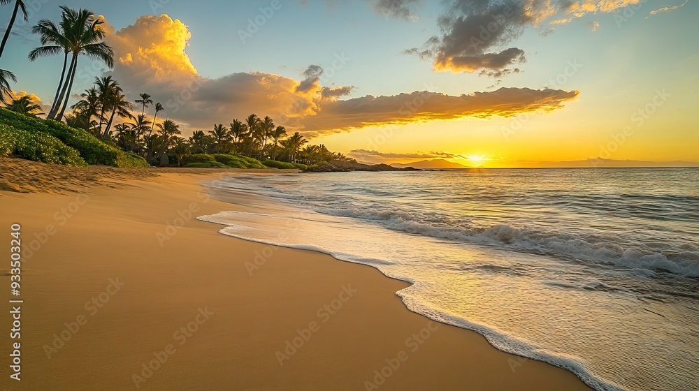Secluded Beach at Sunset with Golden Light Casting Over the Waves and Palm Trees Lining the Shore. AI generated illustration Secluded Beach at Sunset with Golden Light Casting Over the Waves and Palm Trees Lining the Shore. AI generated illustration