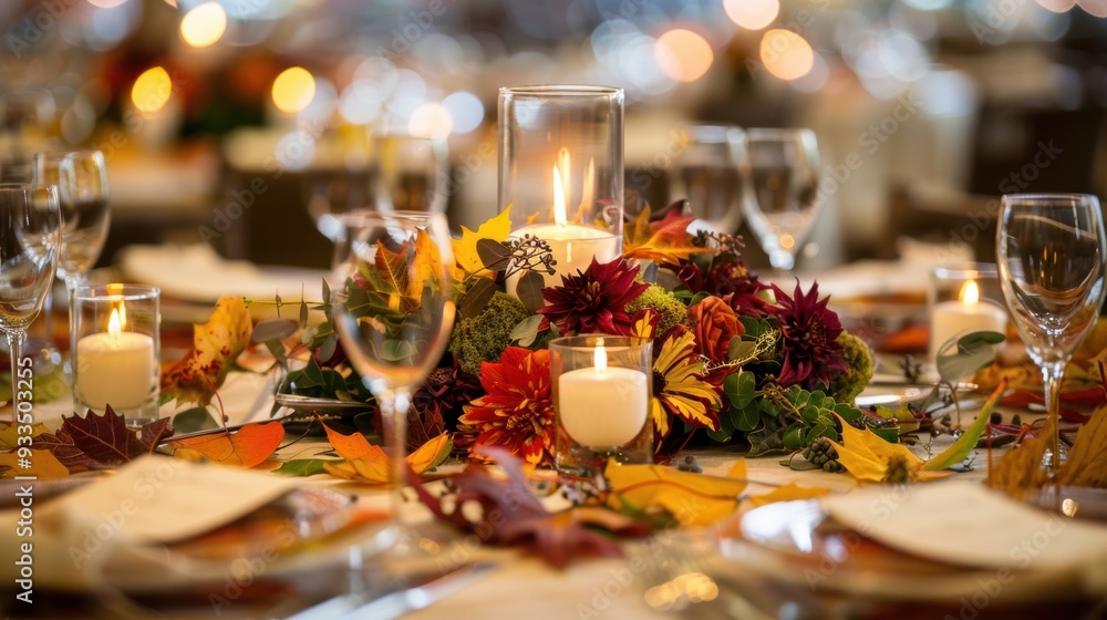 An elegant autumn table setting featuring candles and a floral centerpiece with fall leaves, perfect for festive gatherings. An elegant autumn table setting featuring candles and a floral centerpiece with fall leaves, perfect for festive gatherings.