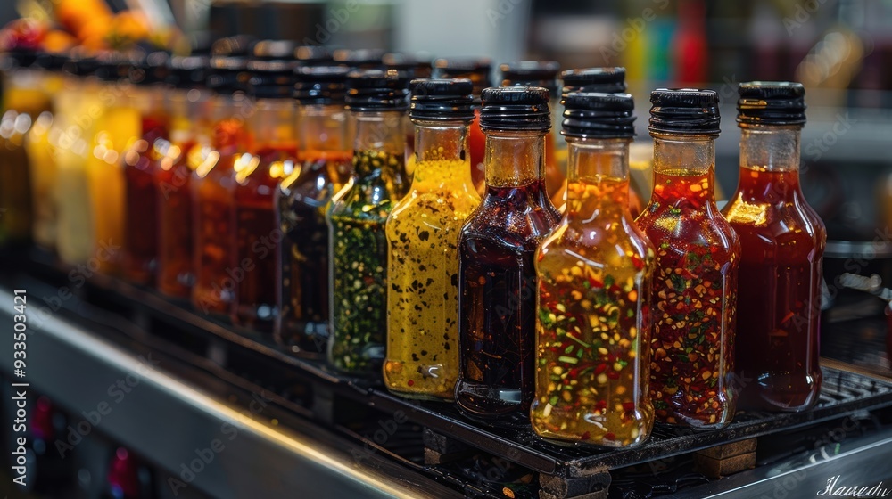 A row of assorted sauce bottles with different colors and textures, displayed in a kitchen setting. A row of assorted sauce bottles with different colors and textures, displayed in a kitchen setting.
