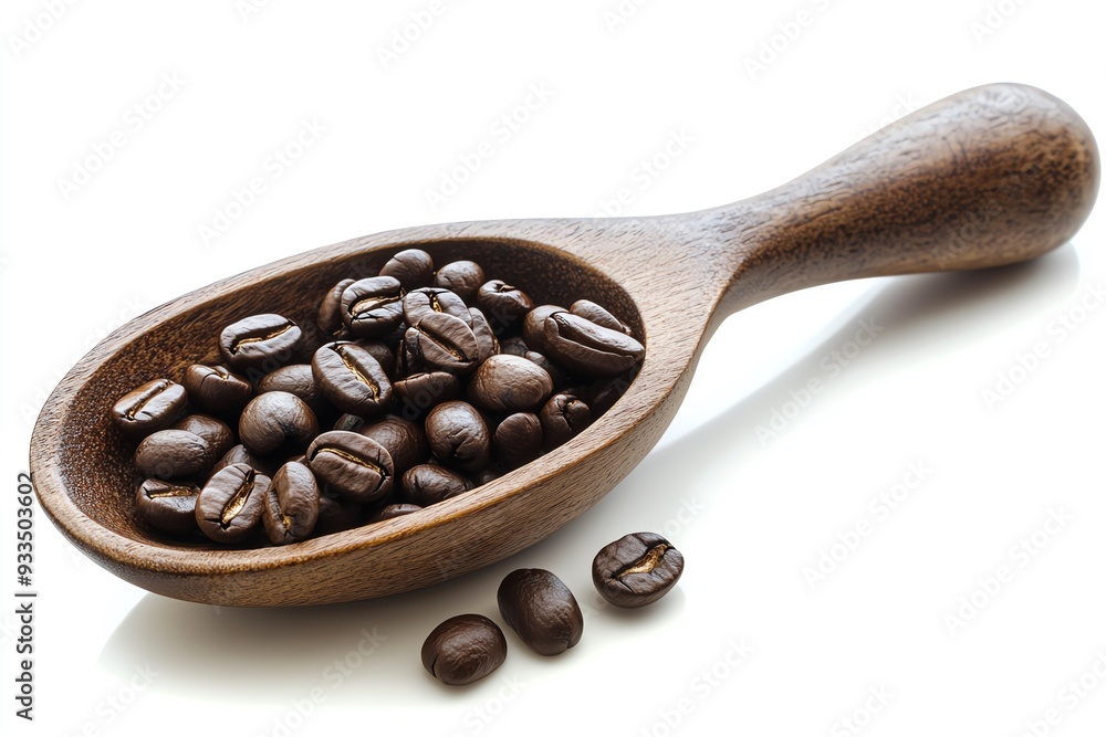 Obraz premium A coffee bean scoop with roasted beans on solid white background, single object