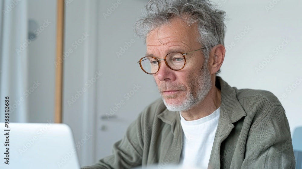Senior Business Professional Working on Laptop in Modern Office Setting, Focused and Engaged in Thoughtful Analysis Senior Business Professional Working on Laptop in Modern Office Setting, Focused and Engaged in Thoughtful Analysis