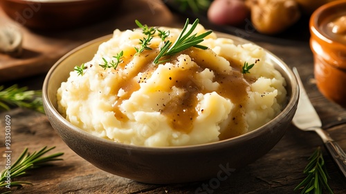 A bowl of creamy mashed potatoes with gravy, served alongside roast turkey