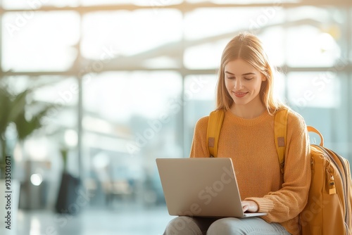 A Young Business Traveler Engrossed in Work at the Airport, Surrounded by a Bright and Inviting Atmosphere in the Lounge Area. Free Download A Young Business Traveler Engrossed in Work at the Airport, Surrounded by a Bright and Inviting Atmosphere in the Lounge Area. - GFXLoad
