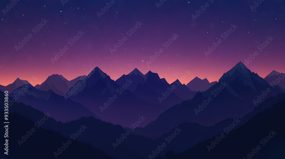 Rugged Mountain Range at Dusk with Jagged Peaks Silhouetted Against a Deep Purple and Blue Sky, and Stars Beginning to Twinkle. AI generated illustration Rugged Mountain Range at Dusk with Jagged Peaks Silhouetted Against a Deep Purple and Blue Sky, and Stars Beginning to Twinkle. AI generated illustration