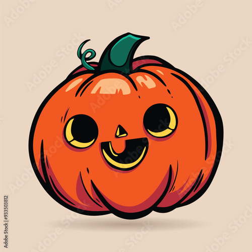 Halloween pumpkin head mascot logo. Handdrawn autumn illustration with a funny pumpkin. Doodle pumpkin Trick or treat. Spooky kawaii face Pumpkin. Vector illustration isolated in cartoon style. photo