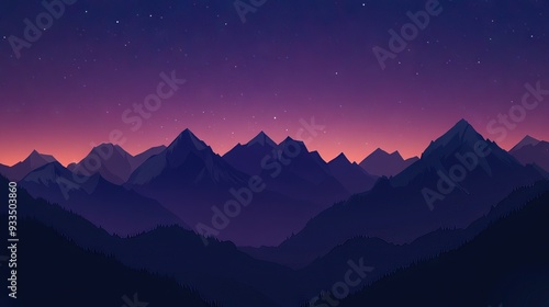 Rugged Mountain Range at Dusk with Jagged Peaks Silhouetted Against a Deep Purple and Blue Sky, and Stars Beginning to Twinkle. AI generated illustration