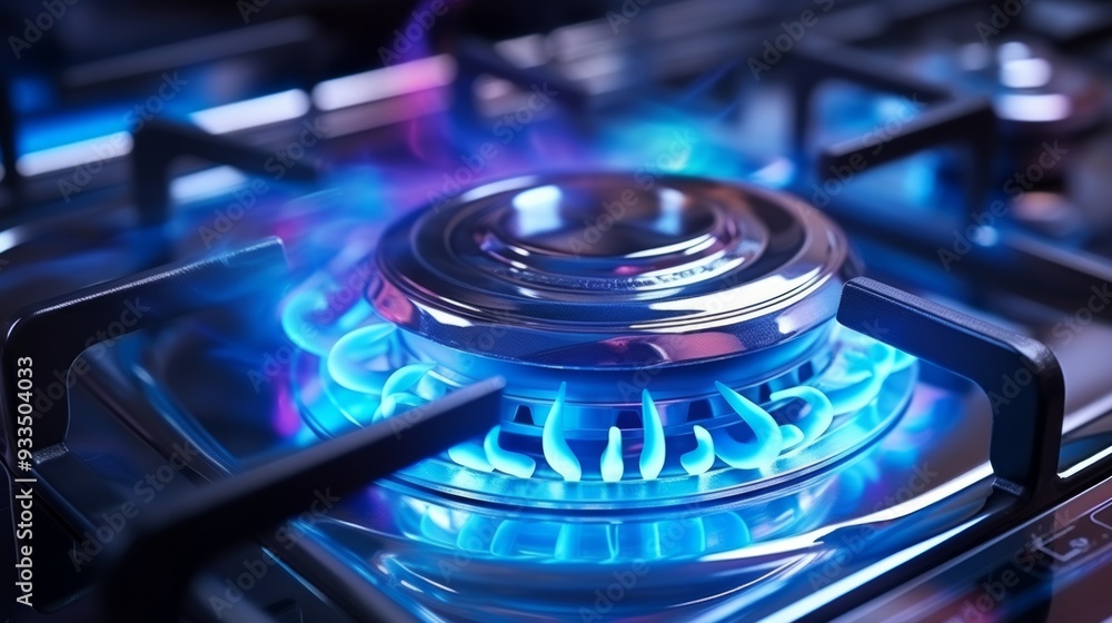 Burning gas flame on gas stove with blurred background. Neural network ai generated art Burning gas flame on gas stove with blurred background. Neural network ai generated art