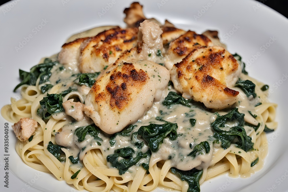 Chicken florentine with sauted chicken breasts in a creamy spinach and mushroom sauce, AI Generated Chicken florentine with sauted chicken breasts in a creamy spinach and mushroom sauce, AI Generated