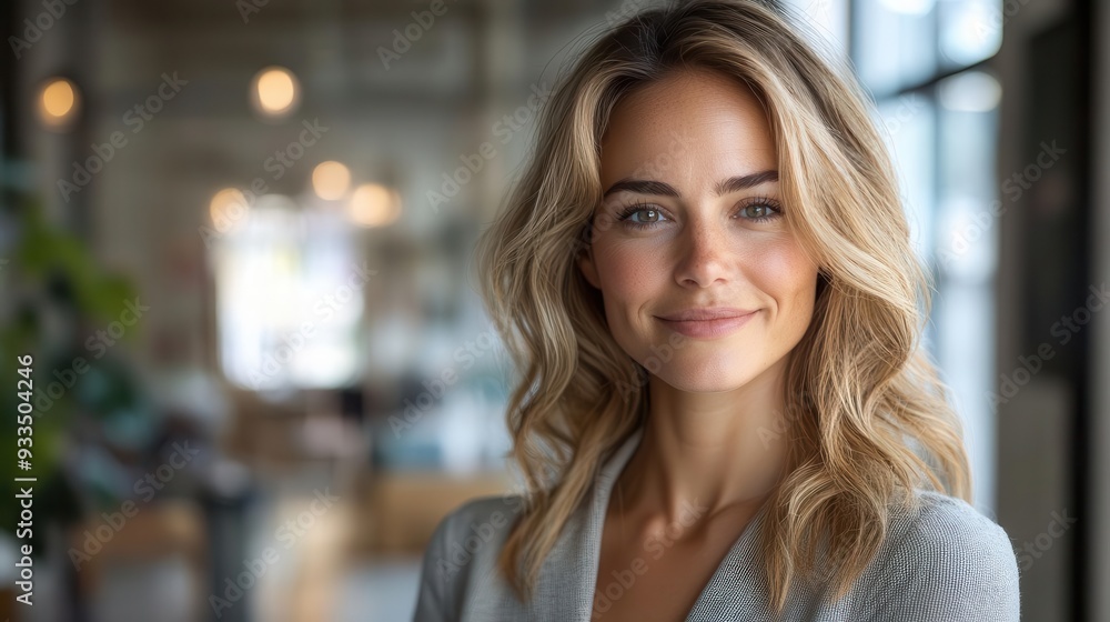 radiant businesswoman in modern office setting confident pose warm smile professional attire natural light contemporary workspace radiant businesswoman in modern office setting confident pose warm smile professional attire natural light contemporary workspace