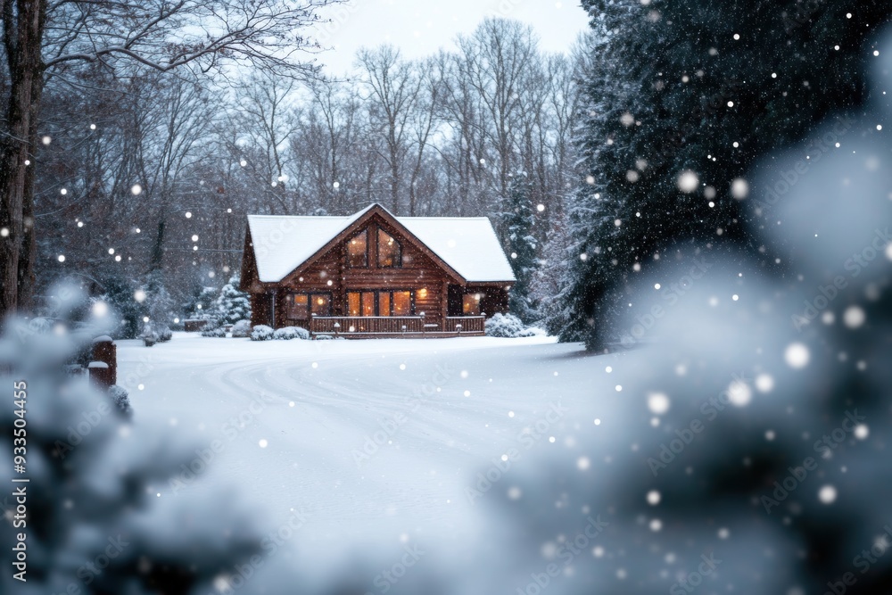 Pristine white snow blankets a cozy cabin, with soft flakes gently falling in a peaceful woodland setting Pristine white snow blankets a cozy cabin, with soft flakes gently falling in a peaceful woodland setting