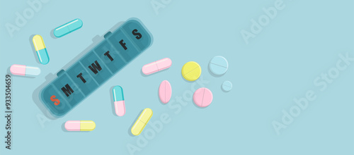 Vector banner scattered tablet, capsule and pill from tablet organizer, close up medication box for every day of the week. Minimalistic medical concept in pastel colors in simple flat style.