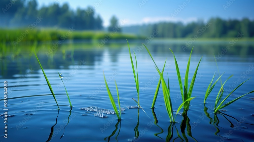 Calm lake with green grass blades emerging from the water, reflecting a serene and peaceful natural scene. Calm lake with green grass blades emerging from the water, reflecting a serene and peaceful natural scene.