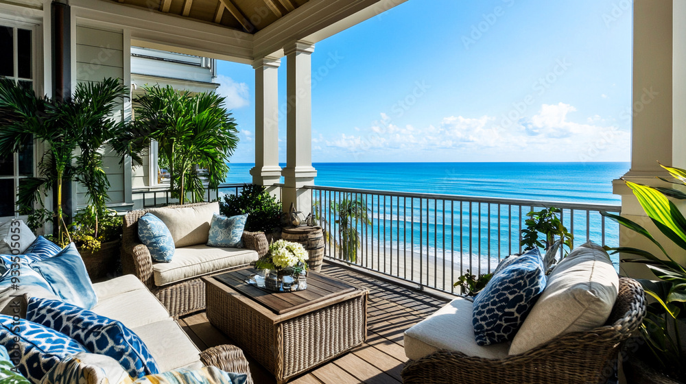 Fototapeta premium Coastal-style balcony with comfortable seating