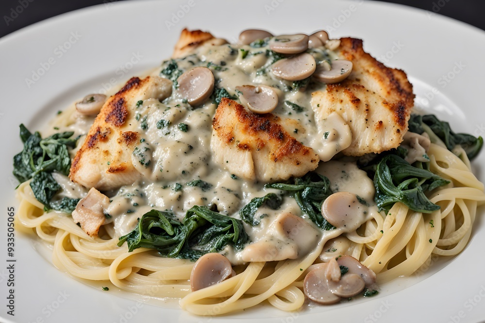 Chicken florentine with sauted chicken breasts in a creamy spinach and mushroom sauce, AI Generated Chicken florentine with sauted chicken breasts in a creamy spinach and mushroom sauce, AI Generated