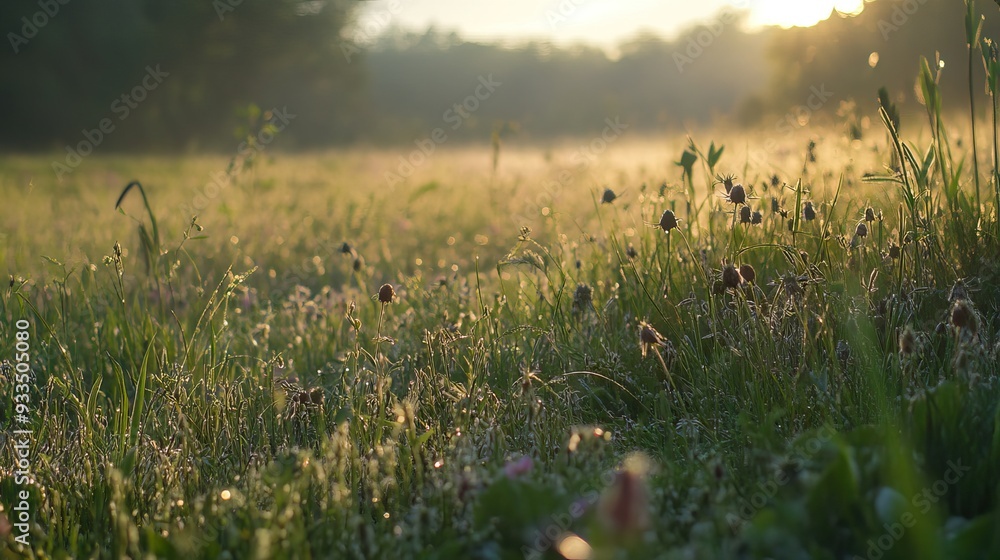 Tranquil Meadow at Sunrise with Dew-Covered Grass and Wildflowers, Illuminated by the First Rays of Light. AI generated illustration Tranquil Meadow at Sunrise with Dew-Covered Grass and Wildflowers, Illuminated by the First Rays of Light. AI generated illustration