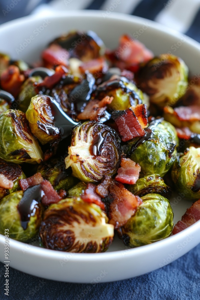 'Illustration of roasted brussels sprouts, crispy bacon, and balsamic glaze.' 'Illustration of roasted brussels sprouts, crispy bacon, and balsamic glaze.'