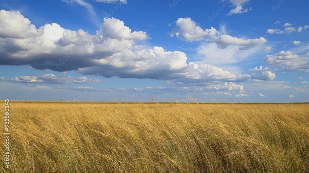 Wide-Open Prairie with Tall Grasses Waving in the Wind, Under a Vast Sky Filled with Towering Cumulus Clouds and Distant Thunder. AI generated illustration Wide-Open Prairie with Tall Grasses Waving in the Wind, Under a Vast Sky Filled with Towering Cumulus Clouds and Distant Thunder. AI generated illustration