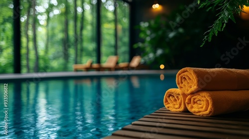 A spa s indoor pool area with wooden loungers, soft towels, and ambient lighting, creating a serene and calming space photo