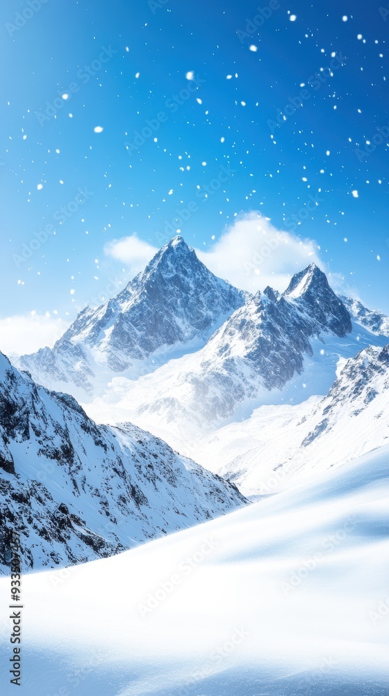 Fototapeta premium Pristine snow-capped mountains rise majestically under a clear blue sky, with delicate snowflakes swirling in the wind