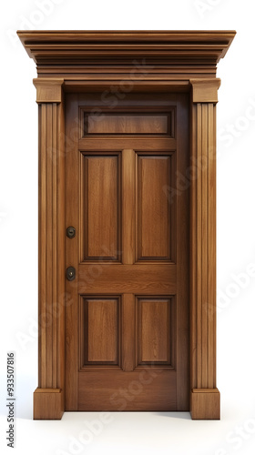 Classic wooden framed door isolated on white background