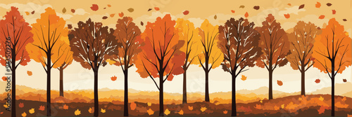 Autumn trees in fall rustic illustration, orange and brown, seasonal wall art, nature decor