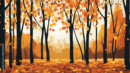 Autumn forest landscape with vibrant leaves in warm colors, nature scenery for seasonal decoration