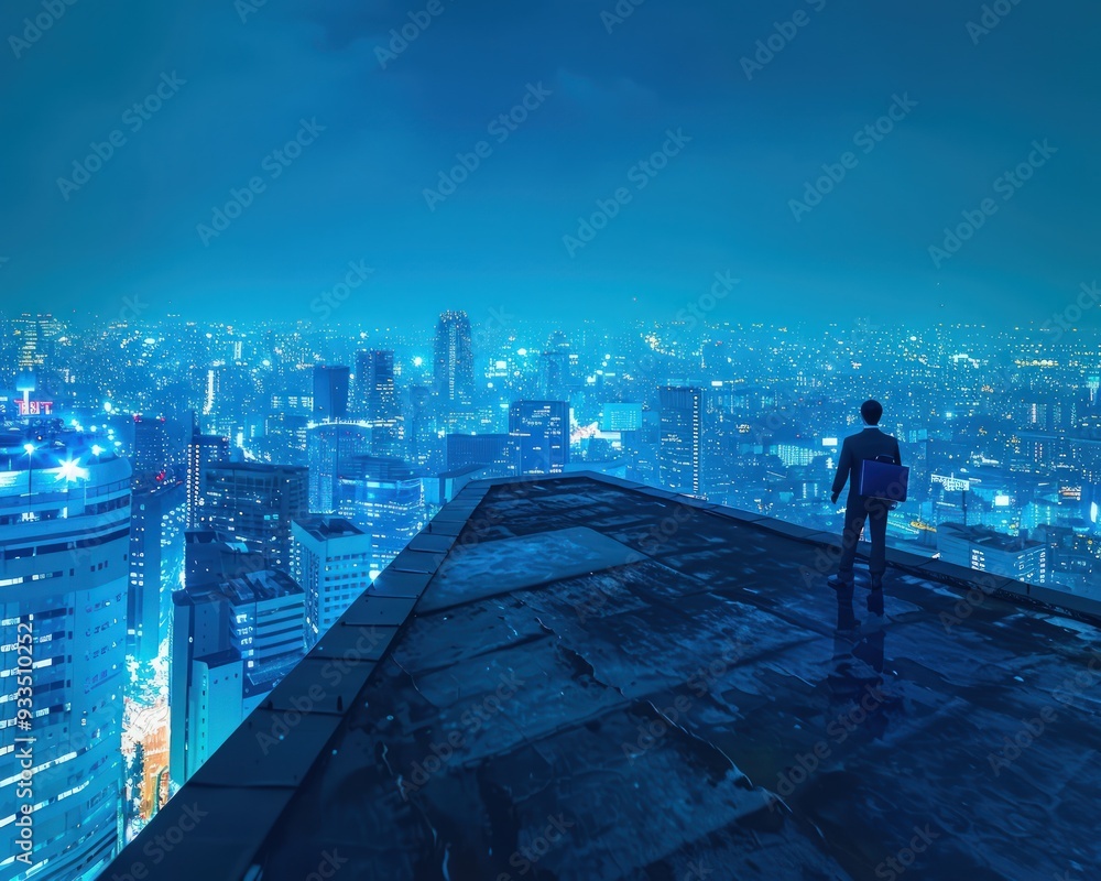Businessman on office roof, overlooking night city, briefcase, blue tone, cinematic wide-angle photo style. Businessman on office roof, overlooking night city, briefcase, blue tone, cinematic wide-angle photo style.