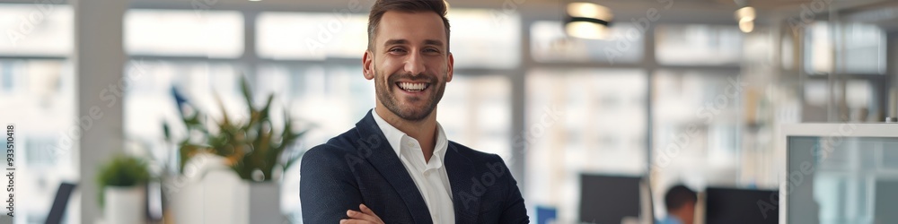 Businessman smiling with arms crossed in a contemporary office setting, realistic photo quality. Businessman smiling with arms crossed in a contemporary office setting, realistic photo quality.