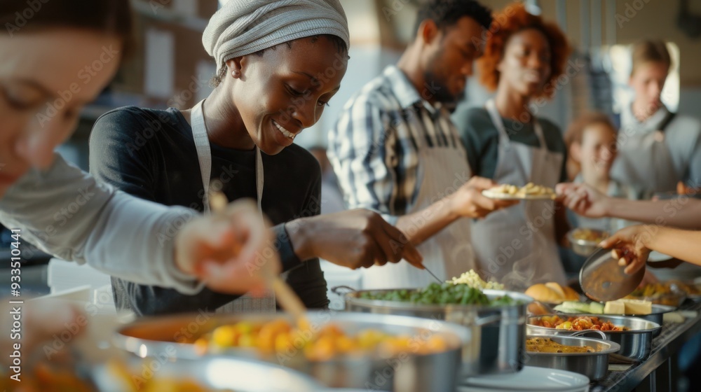 Community Soup Kitchen Lunchtime: Volunteers Serving Hot Meals in a Warm, Welcoming Environment. Generative ai Community Soup Kitchen Lunchtime: Volunteers Serving Hot Meals in a Warm, Welcoming Environment. Generative ai