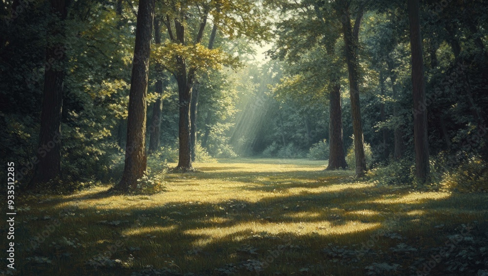 Obraz premium Sunlight streams through a dense forest.