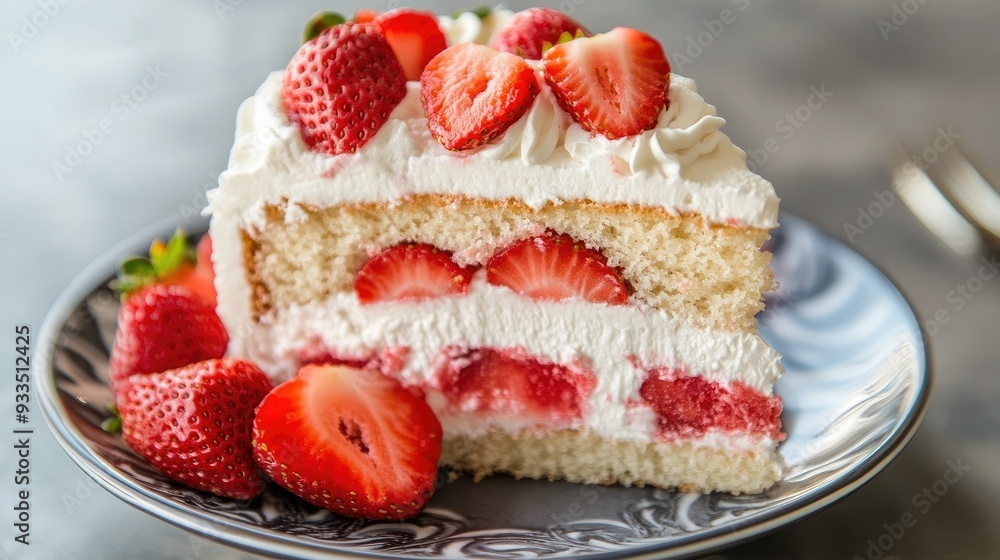 A close-up of a slice of strawberry cake with whipped cream and strawberry slices on top, served on a dessert plate. A close-up of a slice of strawberry cake with whipped cream and strawberry slices on top, served on a dessert plate.