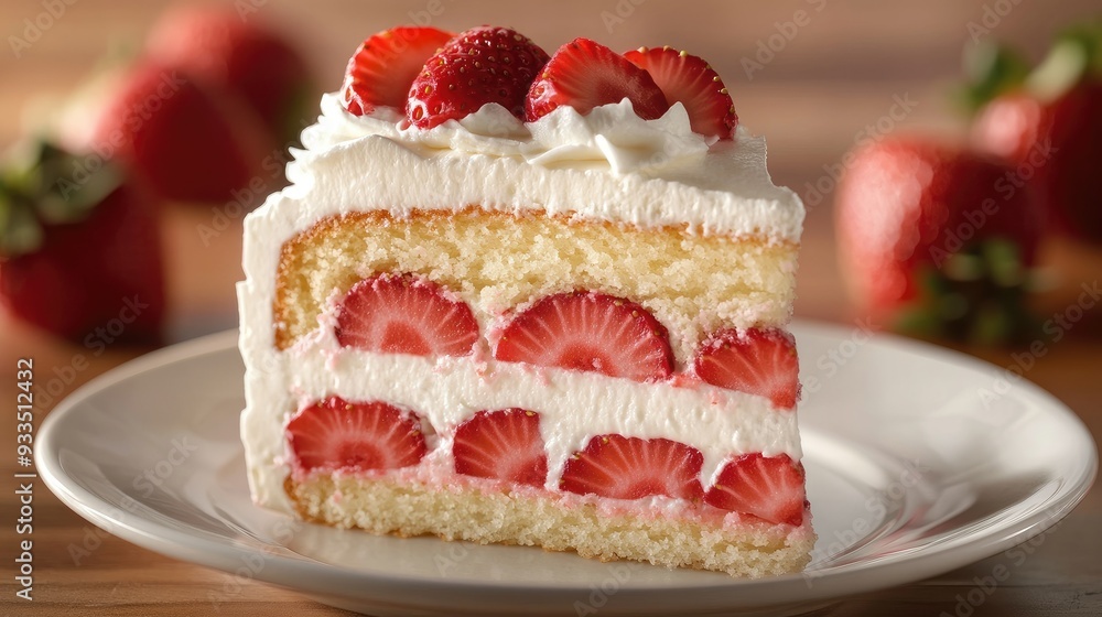 A close-up of a slice of strawberry cake with whipped cream and strawberry slices on top, served on a dessert plate. A close-up of a slice of strawberry cake with whipped cream and strawberry slices on top, served on a dessert plate.