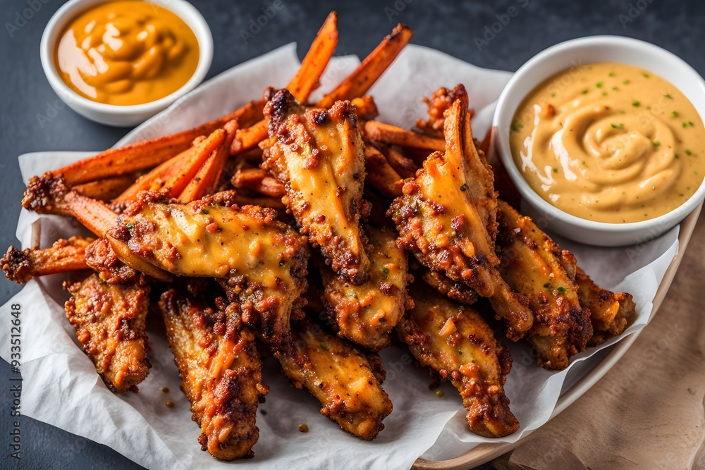 Oven baked chicken wings coated in a tangy honey mustard sauce served with a side of sweet potato, AI Generated Oven baked chicken wings coated in a tangy honey mustard sauce served with a side of sweet potato, AI Generated