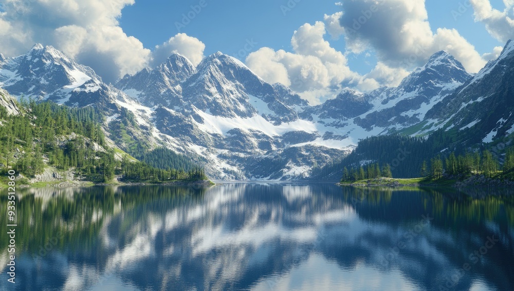 Fototapeta premium A serene mountain lake reflects the sky and clouds.