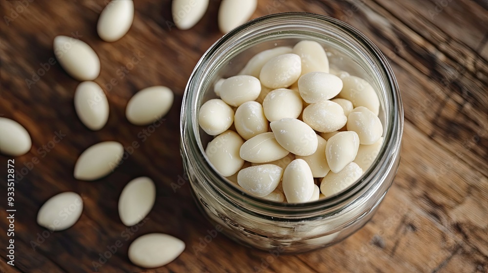 A close-up of white chocolate-covered almonds in a glass jar, with a few almonds spilled on a wooden surface. A close-up of white chocolate-covered almonds in a glass jar, with a few almonds spilled on a wooden surface.