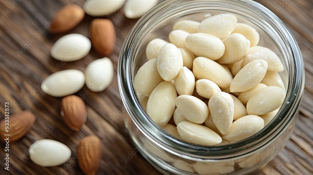 A close-up of white chocolate-covered almonds in a glass jar, with a few almonds spilled on a wooden surface. A close-up of white chocolate-covered almonds in a glass jar, with a few almonds spilled on a wooden surface.