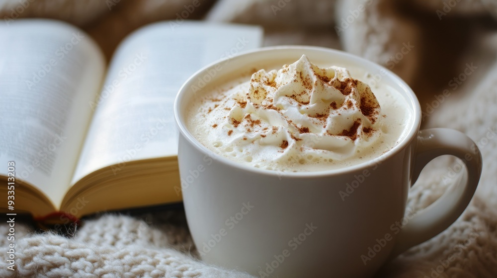A cup of white hot chocolate topped with whipped cream and a sprinkle of cinnamon, served on a cozy table with a book beside it. A cup of white hot chocolate topped with whipped cream and a sprinkle of cinnamon, served on a cozy table with a book beside it.