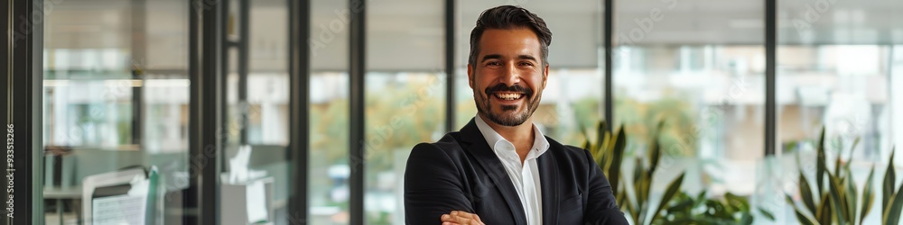 Businessman standing with arms crossed, smiling confidently in a modern office, realistic photo quality. Businessman standing with arms crossed, smiling confidently in a modern office, realistic photo quality.