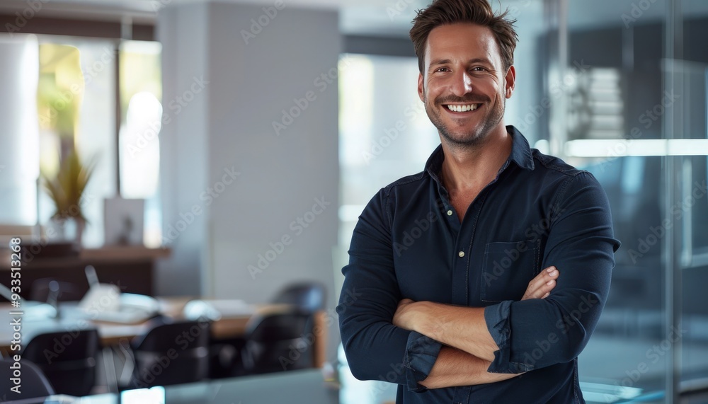 Businessman standing with arms crossed, smiling in a sleek office, captured in high-definition realistic style. Businessman standing with arms crossed, smiling in a sleek office, captured in high-definition realistic style.