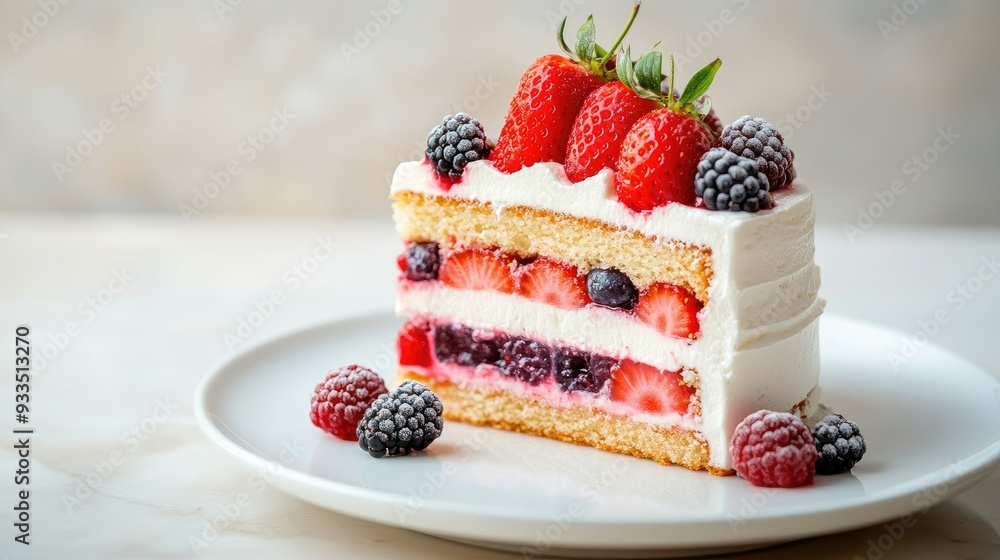 A cut slice of strawberry cake with layers of cream and sponge, topped with fresh berries, placed on a white dessert plate against a light background. A cut slice of strawberry cake with layers of cream and sponge, topped with fresh berries, placed on a white dessert plate against a light background.