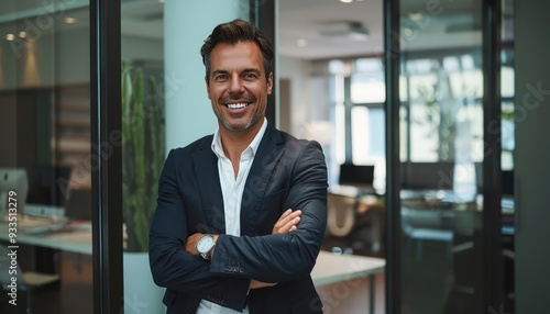 Businessman standing with arms crossed, smiling confidently in a sleek office, captured in realistic style.