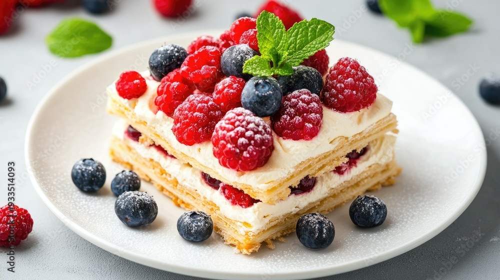 A detailed shot of a millefeuille dessert with vanilla cream and fresh berries, garnished with mint leaves, on a white plate against a gray concrete background. A detailed shot of a millefeuille dessert with vanilla cream and fresh berries, garnished with mint leaves, on a white plate against a gray concrete background.