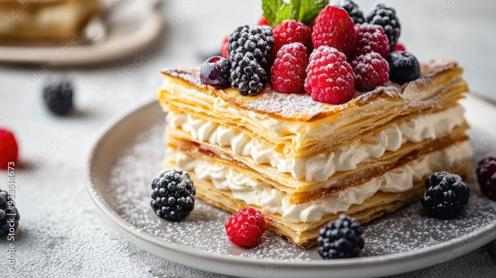A French millefeuille with vanilla cream and fresh berries, beautifully plated on a white dish, with a backdrop of a rustic gray concrete table. A French millefeuille with vanilla cream and fresh berries, beautifully plated on a white dish, with a backdrop of a rustic gray concrete table.