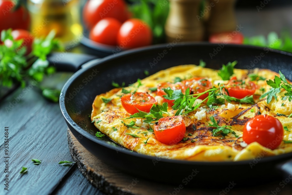 A delicious tomato omelette cooked in a black skillet. Fresh herbs add vibrant color and flavor. Perfect for breakfast or brunch. Enjoy a tasty meal. Generative AI A delicious tomato omelette cooked in a black skillet. Fresh herbs add vibrant color and flavor. Perfect for breakfast or brunch. Enjoy a tasty meal. Generative AI