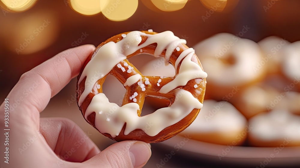 A hand holding a white chocolate-covered pretzel, with other pretzels arranged on a plate in the background. A hand holding a white chocolate-covered pretzel, with other pretzels arranged on a plate in the background.